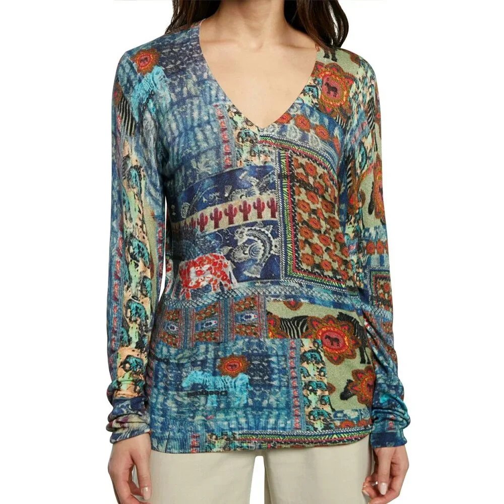 Desigual Soft Wool Safari Abstract V Neck Sweater